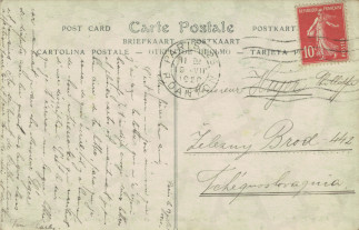 Zadní strana pohlednice datované 19. červenec, 1920