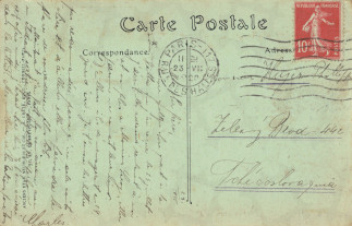 Zadní strana pohlednice datované 23. červenec, 1920