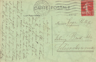 Zadní strana pohlednice datované 23. červenec, 1920
