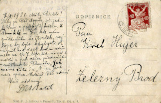 Zadní strana pohlednice datované 7. květen, 1921