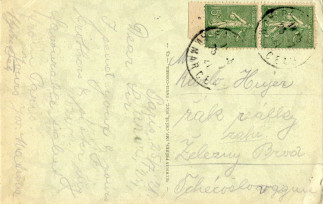 Zadní strana pohlednice datované 25. červenec, 1921