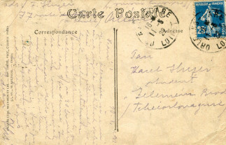 Zadní strana pohlednice datované 10. březen, 1922