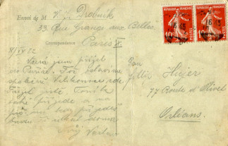 Zadní strana pohlednice datované 8. duben, 1922