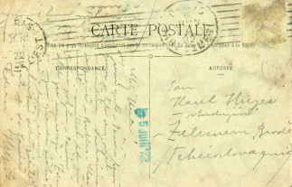 Zadní strana pohlednice datované 5. červen, 1922