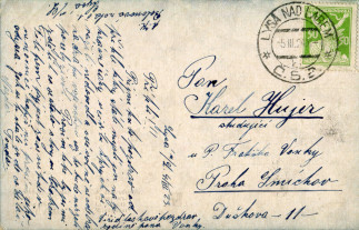 Zadní strana pohlednice datované 4. březen, 1923