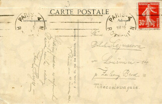 Zadní strana pohlednice datované 10. červenec, 1923
