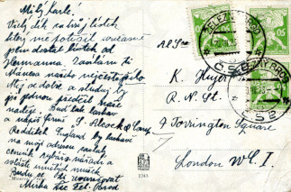 Zadní strana pohlednice datované 20. červenec, 1923