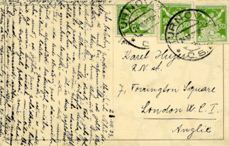 Zadní strana pohlednice datované 28. červenec, 1923