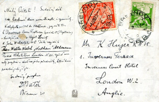 Zadní strana pohlednice datované 6. srpen, 1923