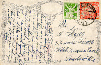 Zadní strana pohlednice datované 12. srpen, 1923