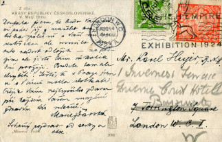 Zadní strana pohlednice datované 14. srpen, 1923