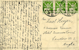 Zadní strana pohlednice datované 20. srpen, 1923