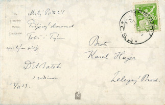 Zadní strana pohlednice datované 23. prosinec, 1923
