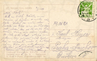 Zadní strana pohlednice datované 7. leden, 1924