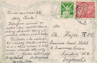Zadní strana pohlednice datované 1. srpen, 1924