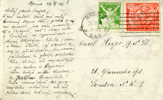 Zadní strana pohlednice datované 26. listopad, 1924
