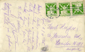 Zadní strana pohlednice datované 1. duben, 1925