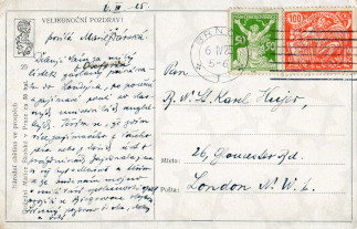 Zadní strana pohlednice datované 6. duben, 1925