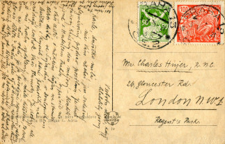 Zadní strana pohlednice datované 9. květen, 1925