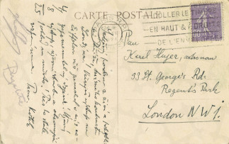 Zadní strana pohlednice datované 4. srpen, 1925