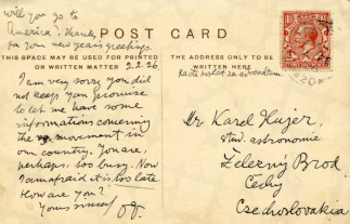Zadní strana pohlednice datované 2. únor, 1926