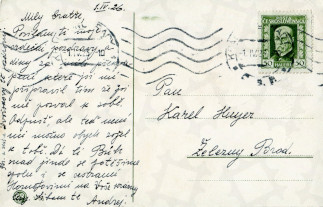 Zadní strana pohlednice datované 1. duben, 1926