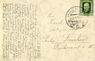 Zadní strana pohlednice datované 28. duben, 1926