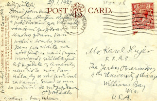 Zadní strana pohlednice datované 29. leden, 1927