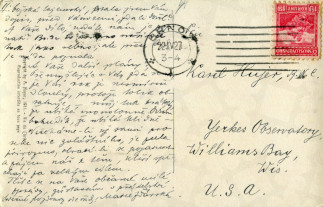 Zadní strana pohlednice datované 21. duben, 1927