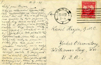 Zadní strana pohlednice datované 21. duben, 1927