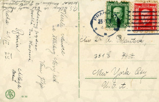 Zadní strana pohlednice datované 21. prosinec, 1927