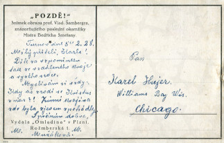 Zadní strana pohlednice datované 5. únor, 1928