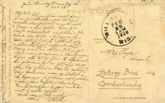 Zadní strana pohlednice datované 23. únor, 1928