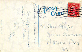 Zadní strana pohlednice datované 2. duben, 1928