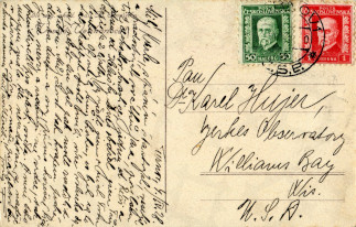 Zadní strana pohlednice datované 4. duben, 1928
