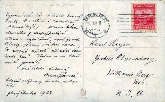 Zadní strana pohlednice datované 5. duben, 1928