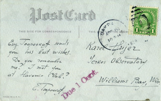 Zadní strana pohlednice datované 6. duben, 1928