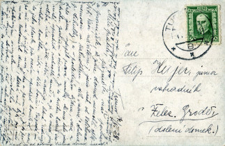 Zadní strana pohlednice datované 14. květen, 1928