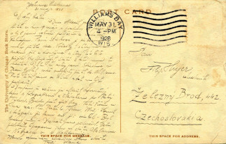 Zadní strana pohlednice datované 31. květen, 1928