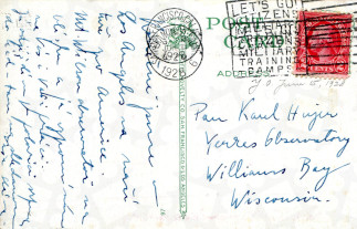 Zadní strana pohlednice datované 11. červen, 1928