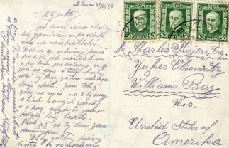 Zadní strana pohlednice datované 30. červenec, 1928