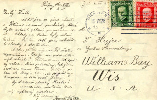 Zadní strana pohlednice datované 16. srpen, 1928