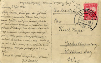 Zadní strana pohlednice datované 28. prosinec, 1928