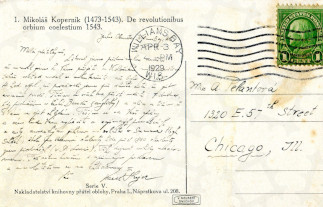 Zadní strana pohlednice datované 3. duben, 1929