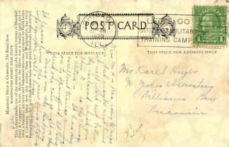Zadní strana pohlednice datované 20. duben, 1929