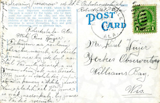 Zadní strana pohlednice datované 22. duben, 1929