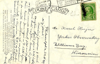 Back side of a postcard from April 24, 1929