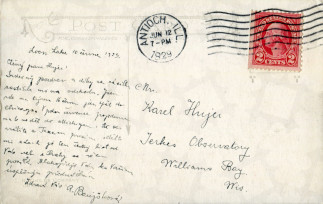 Zadní strana pohlednice datované 10. červen, 1929