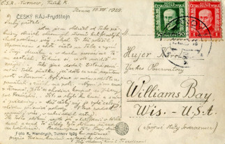 Zadní strana pohlednice datované 19. srpen, 1929