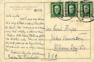 Zadní strana pohlednice datované 25. listopad, 1929